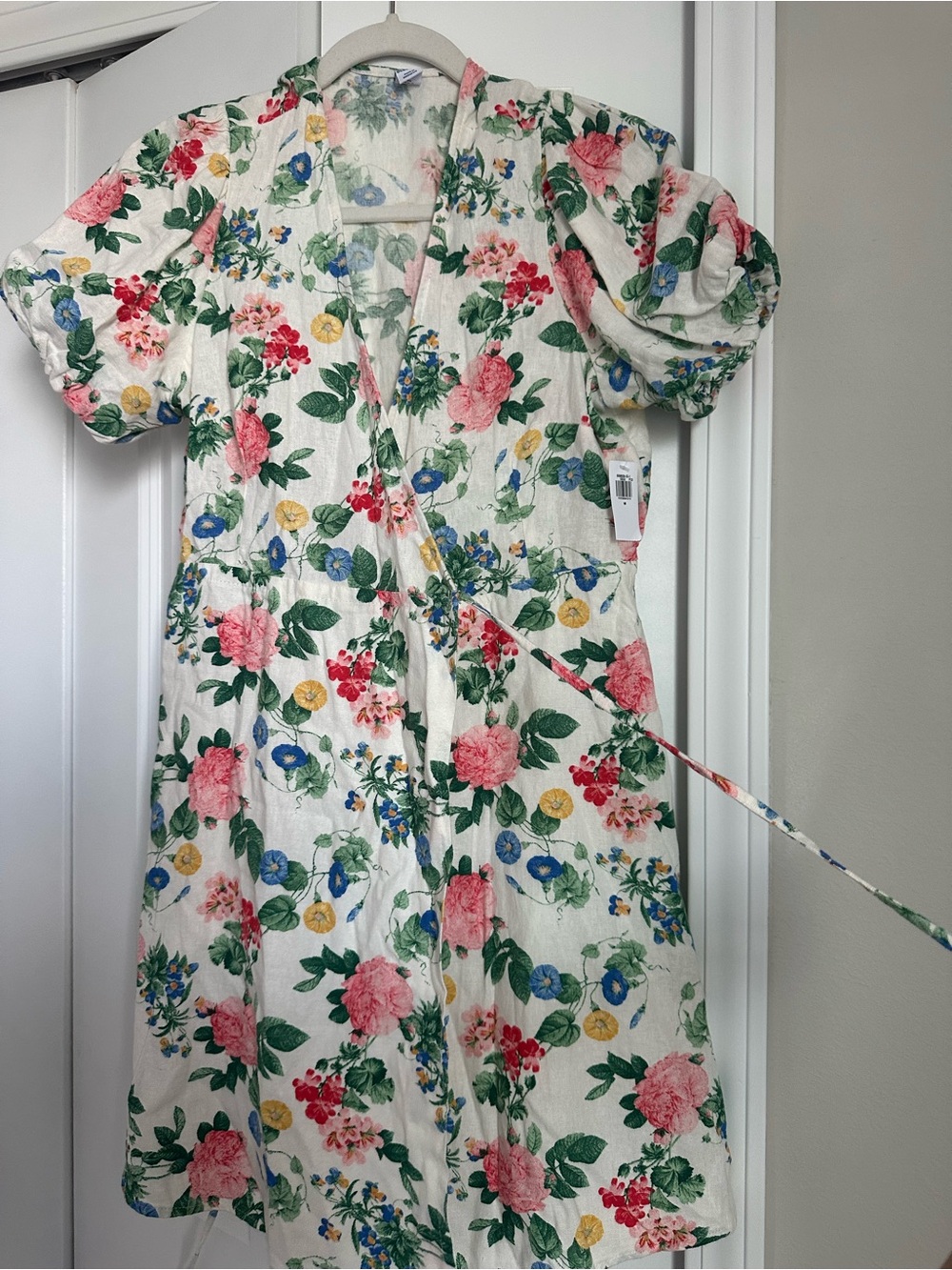 NWT- Old Navy White Floral Wrap Midi Dress with Pink, Blue & Yellow Blooms